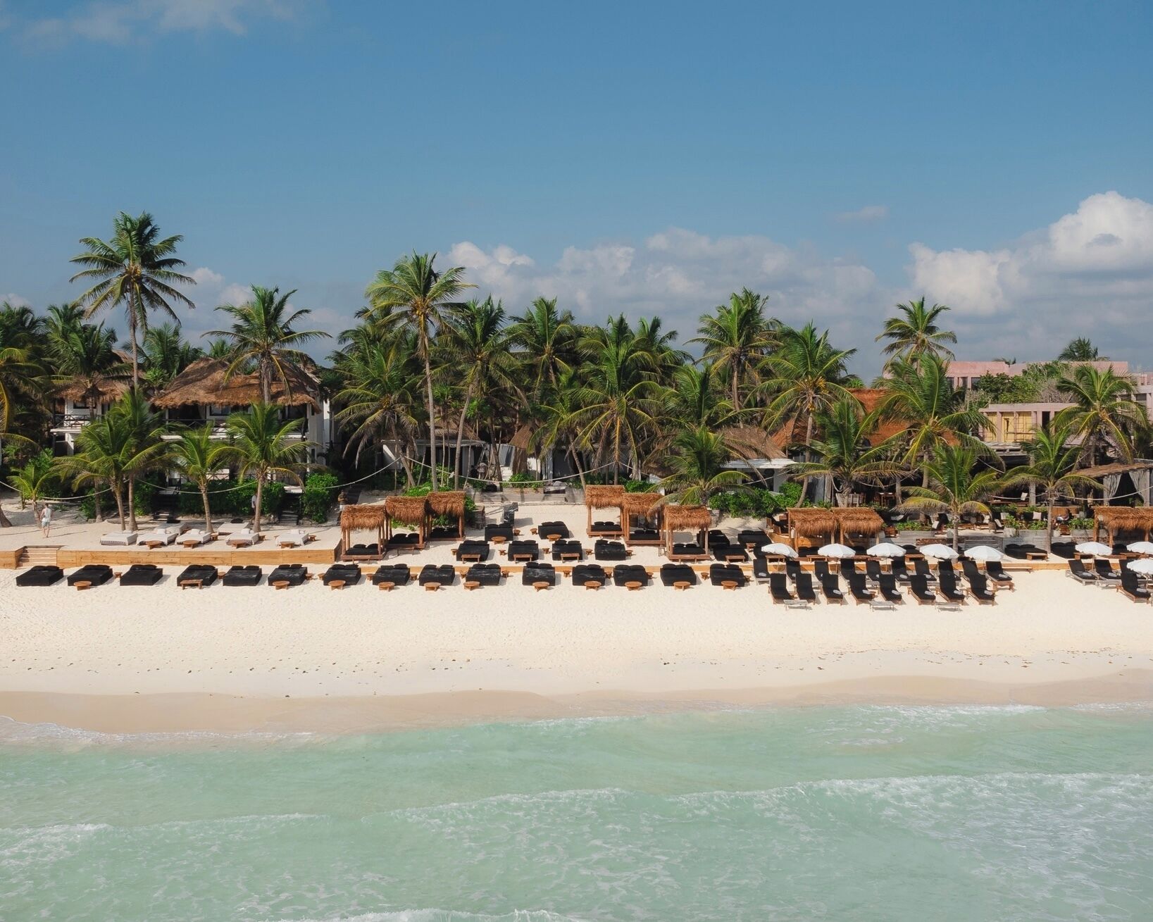 A beach with rows of sun loungers and thatched umbrellas, palm trees, and buildings in the background.