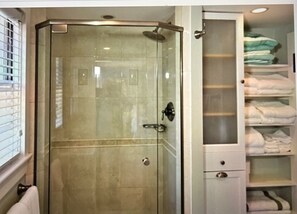 Douche, sèche-cheveux, serviettes fournies, savon