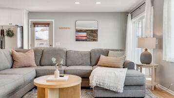 Smart TV, fireplace, foosball