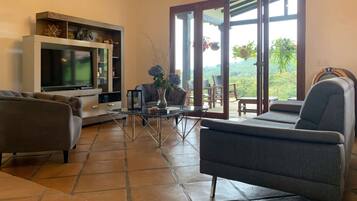 Una Smart TV, una chimenea, un reproductor estéreo