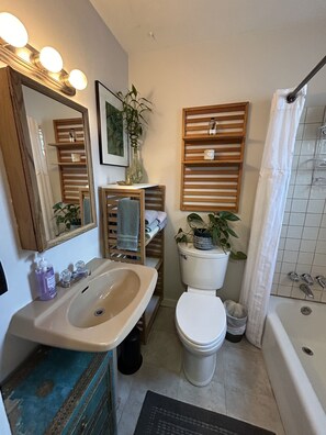 Secadora de cabello, toallas, jabón, papel de baño 