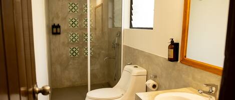 A bathroom with a toilet, shower, sink, and a mirror.