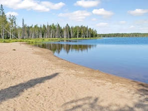 Hiekkainen ranta, jonka vieressä on tyyni järvi, ja rantaa ympäröi havupuiden muodostama metsä.