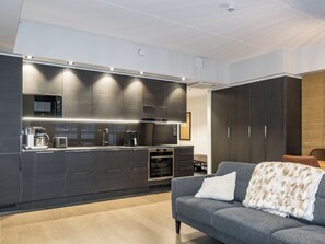 A modern kitchen with built-in appliances, a grey sofa with a throw blanket, and wooden flooring. - Levi kahnu by Interhome (Kittilä)