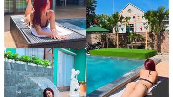 Outdoor pool, pool umbrellas, pool loungers