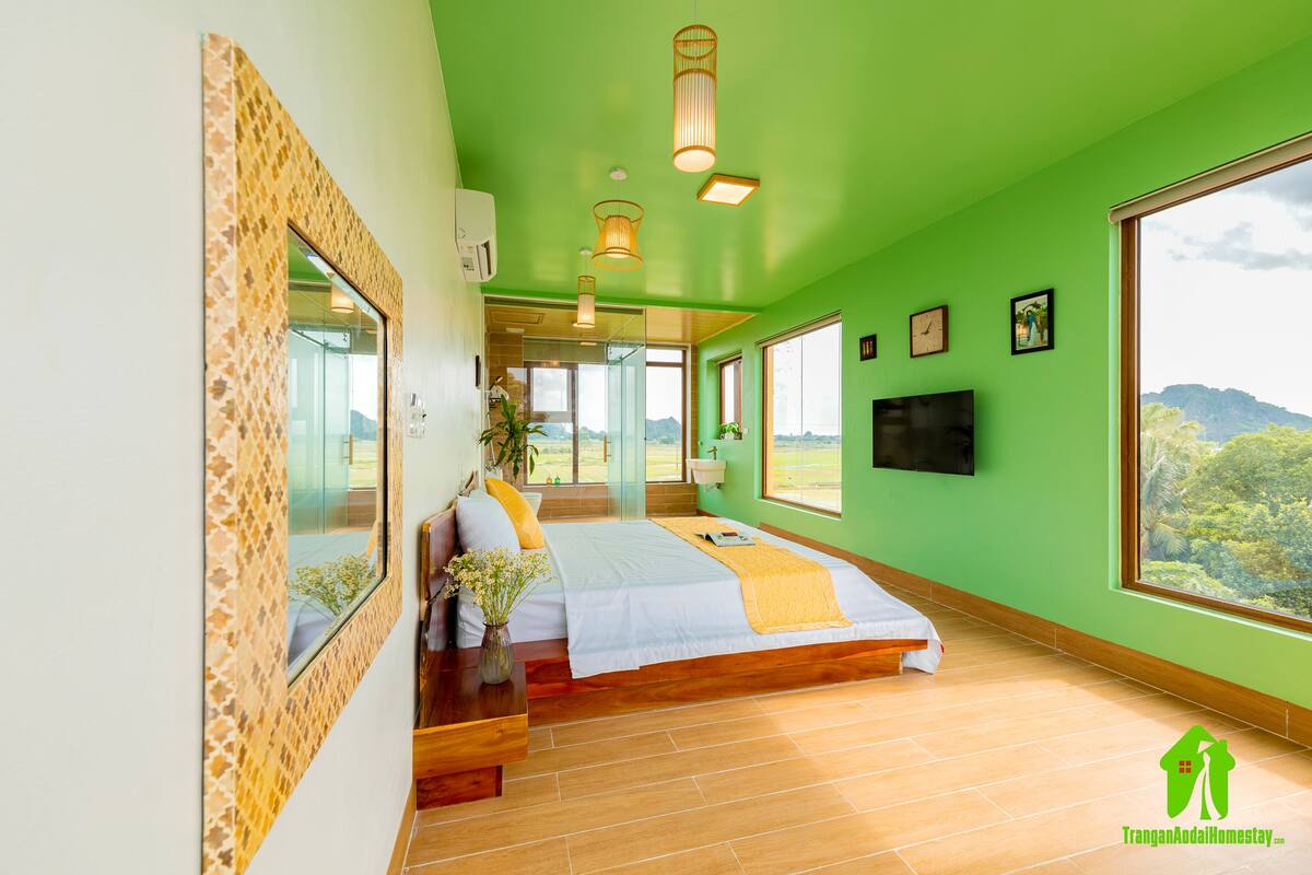 Een moderne slaapkamer met een groot bed, een houten vloer, een groene wand en een groot raam met uitzicht op de omgeving.