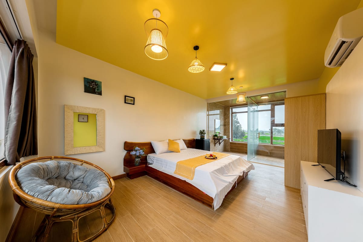 Een moderne slaapkamer met een groot bed, een rieten stoel en een televisie.
