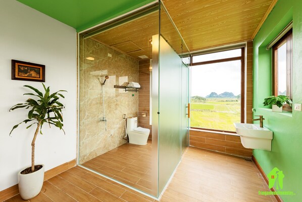 A modern bathroom with a glass shower enclosure, a toilet, and a sink.