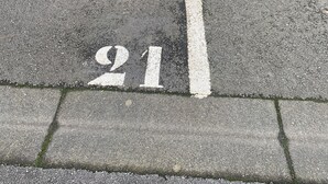 Un parking délimité par une ligne blanche et sur lequel le chiffre 21 est peint sur l’asphalte.