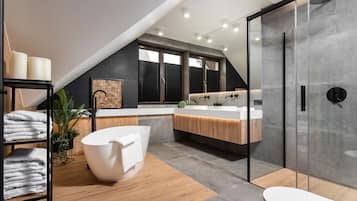 Douche, sĂšche-cheveux, bidet, serviettes fournies