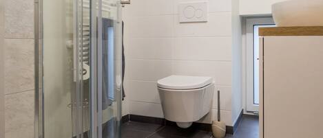 A modern bathroom with a glass shower enclosure, a toilet, and a sink area.