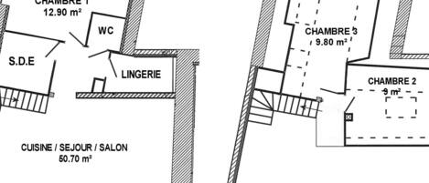 A floor plan of a hotel with three rooms, a kitchen, and a bathroom.