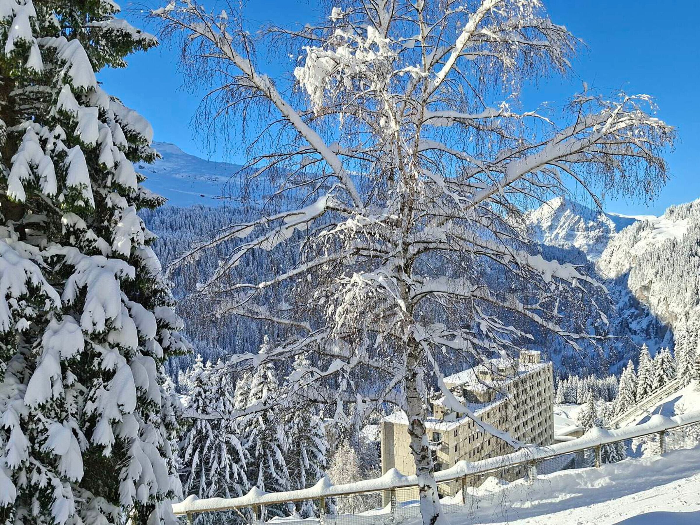Un paysage enneigé avec un bâtiment qui semble être un hôtel ou un complexe touristique, entouré de montagnes et d’arbres.