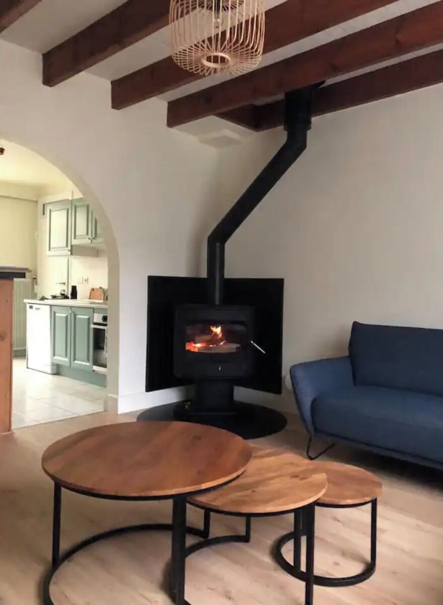 A cozy living room with a wood-burning stove, a blue sofa, and a round wooden table.