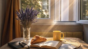 A table with a book, a pen, a croissant, a mug, and a vase with lavender. - A 2 pas du Panthéon en Plein Cœur du Quartier Latin (Paris)