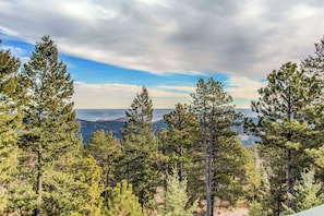 A forested landscape with tall pine trees and a view of distant mountains. - Red Rocks Retreat ~ Hot Tub, Game Room, Views, Privacy (Morrison)