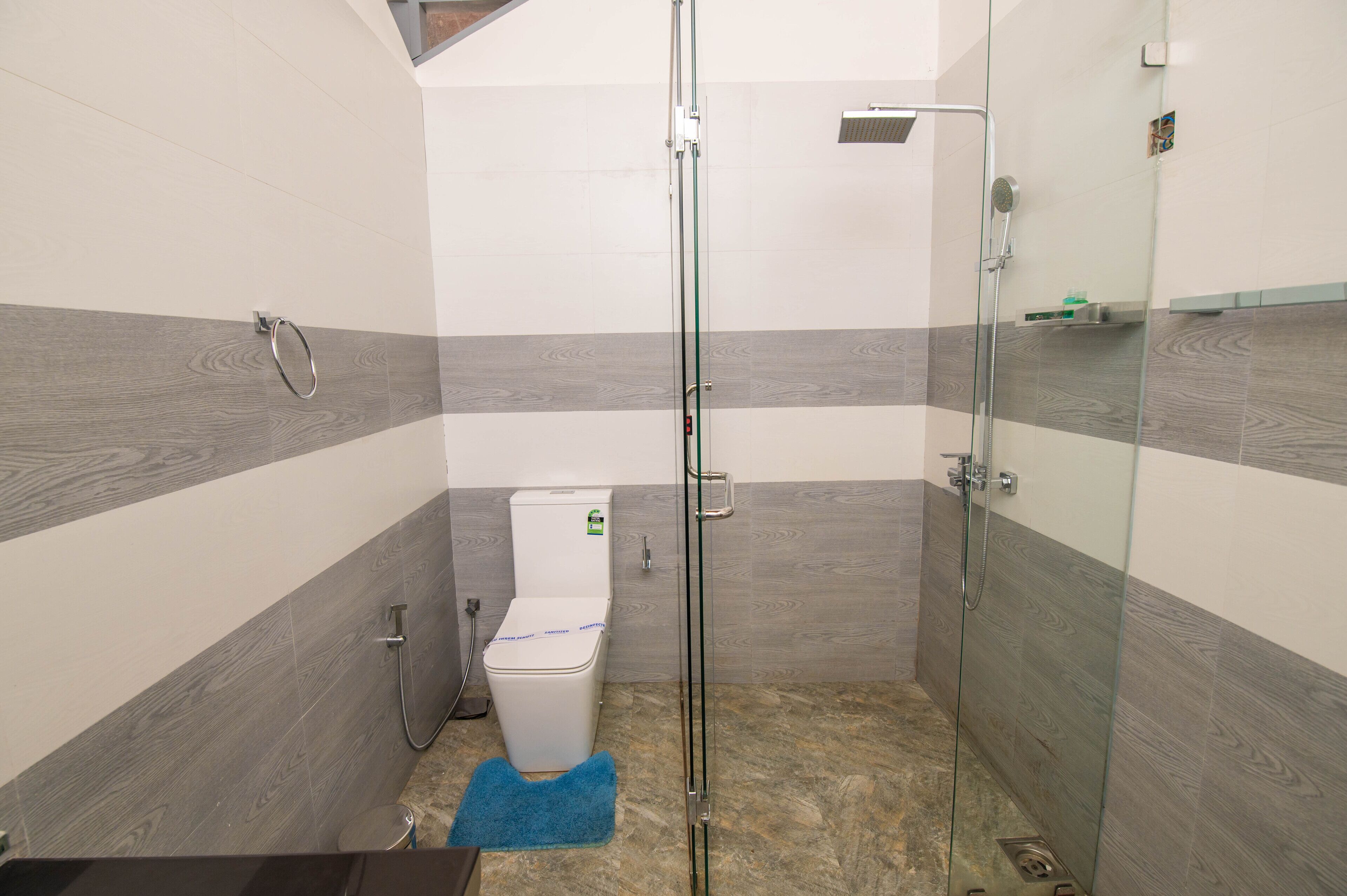 A modern bathroom with a glass shower enclosure, a toilet, and a blue bath mat.