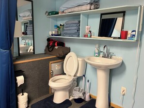 Kylpyhuone, jossa on wc, pesuallas, peili, pyyhekoukku ja hyllyjä, joilla on hygieniatuotteita.