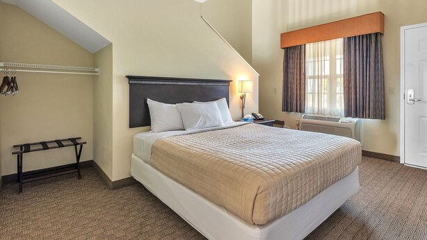 A hotel room with a bed, a nightstand, a lamp, a window with curtains, a coat rack, and a radiator.