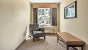 A hotel room with a patterned armchair, a bench, a radiator, and a window with curtains.