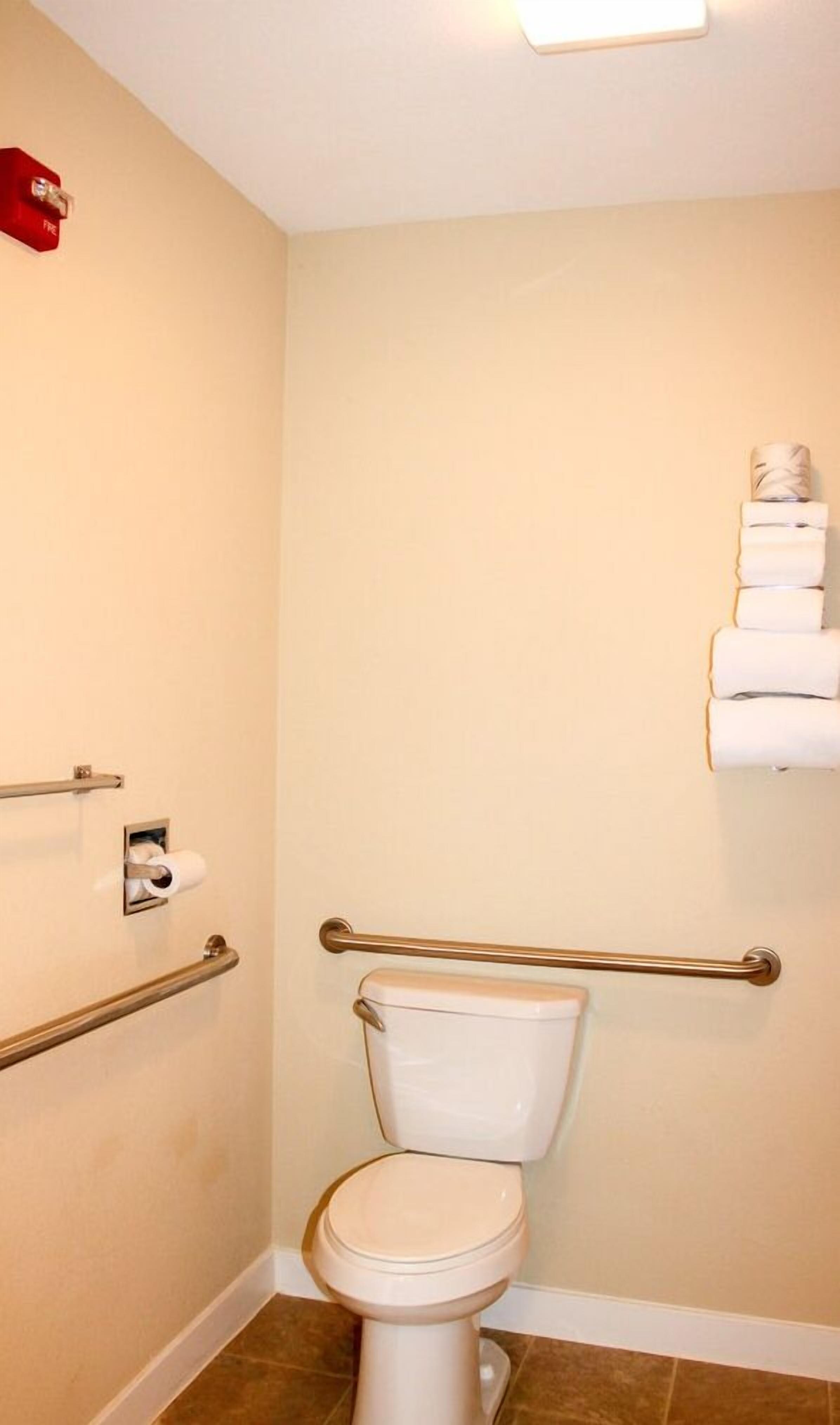 A small bathroom with a toilet, a handrail, and a towel rack.