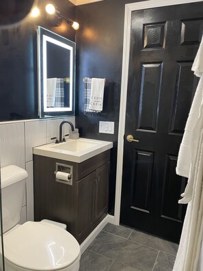 A bathroom with a white toilet, a sink with a mirror above it, and a black door.