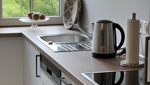 Een moderne keuken met een raam, een waterkoker, een afwasschuur en een schaal met appels.