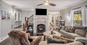 Smart TV, chimenea, libros