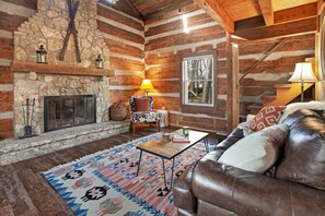 TV, fireplace, books