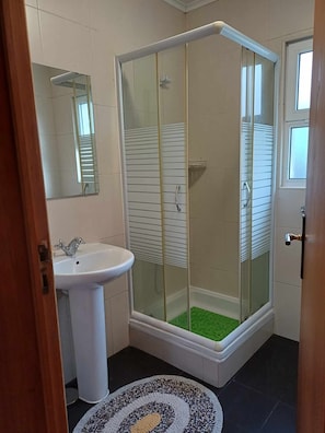 Shower, hair dryer, bidet, towels