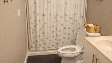 Une salle de bain avec un rideau de douche, des toilettes, un lavabo et un tableau encadré au mur.