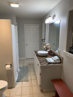 Hair dryer, towels, soap, toilet paper