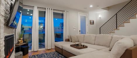 Smart TV, fireplace, video games, stereo