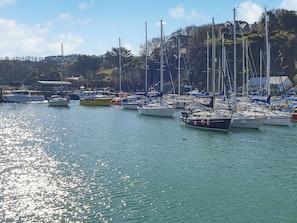A marina with multiple boats docked, a clear sky, and a hilly landscape in the background.