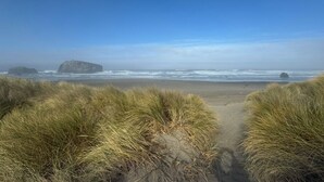 Una playa con dunas de arena y una vista despejada del océano.