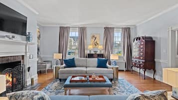 Smart TV, fireplace, books