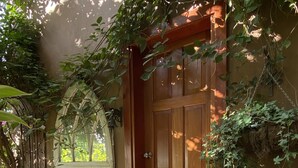 Eine Holztür mit Oberlicht, eine kleine Veranda mit gefliestem Sitzbank und ein Schild mit der Aufschrift 'Owners Suite'.