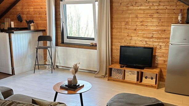 Ett mysigt rum i loftstil med ett träpanelat tak, ett litet kök, en soffa, en tv och ett fönster med gardiner.