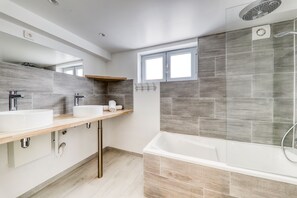Hair dryer, towels, soap, toilet paper