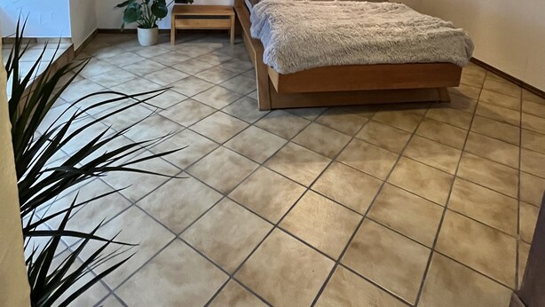 A bedroom with a sloped ceiling, a bed with a fluffy blanket, two wall-mounted pendant lights, and a potted plant. - Fachwerkhaus zum Hirsch in Mömbris (Mömbris)