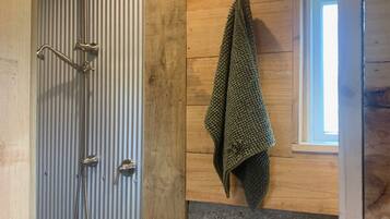 Shower, towels, soap, shampoo