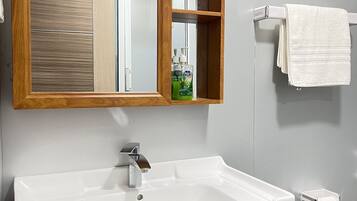 Shower, rainfall showerhead, hair dryer, towels