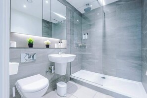 Shower, hair dryer, shampoo
