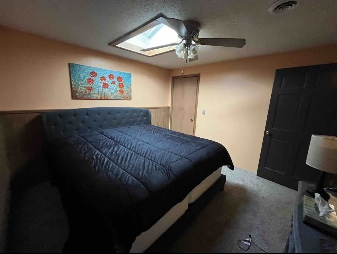 A bedroom with a large bed, a ceiling fan, a door, and a painting on the wall.
