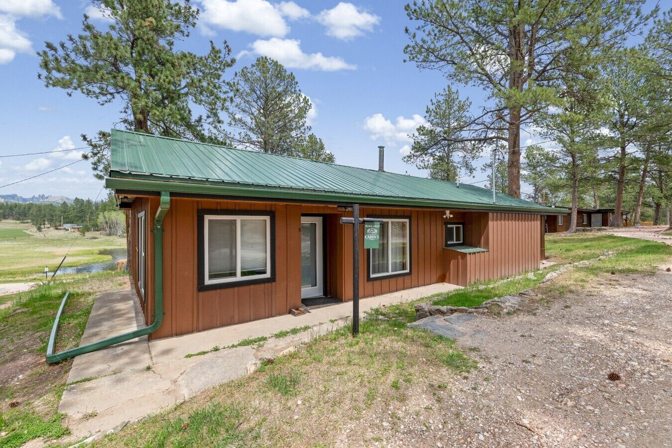 A small cabin with a green roof, a door, and a window.