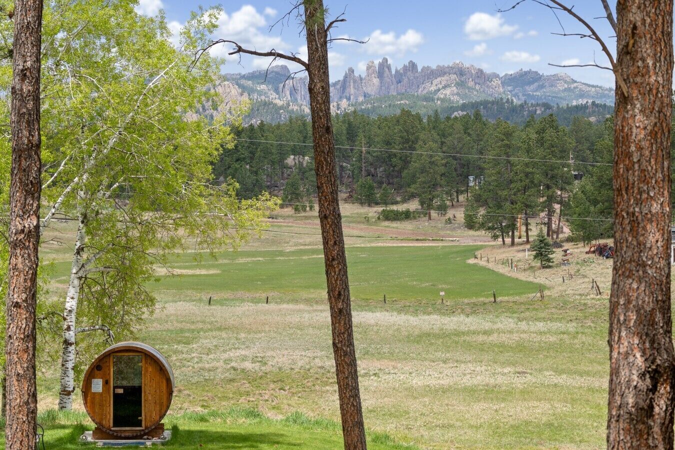 A wooden cabin in a grassy field with a mountain backdrop.