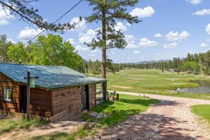 A cabin with a metal roof, a porch, and a view of a lake and forest. - Hobbit Hole: Needle Spire Views + Firepit + Sauna (Custer)