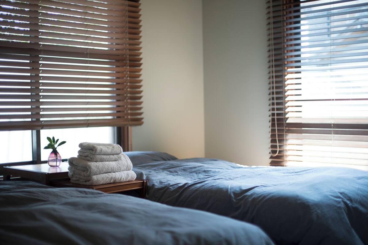 A bedroom with two beds, a bedside table with a plant, and a window with blinds.