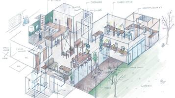 Een 3D-architectuurvisualisatie van het Amigo House, inclusief een keuken, gedeelde kantoorruimte, vergaderruimte, koffieapparaat, toilet, douche en een tuin.