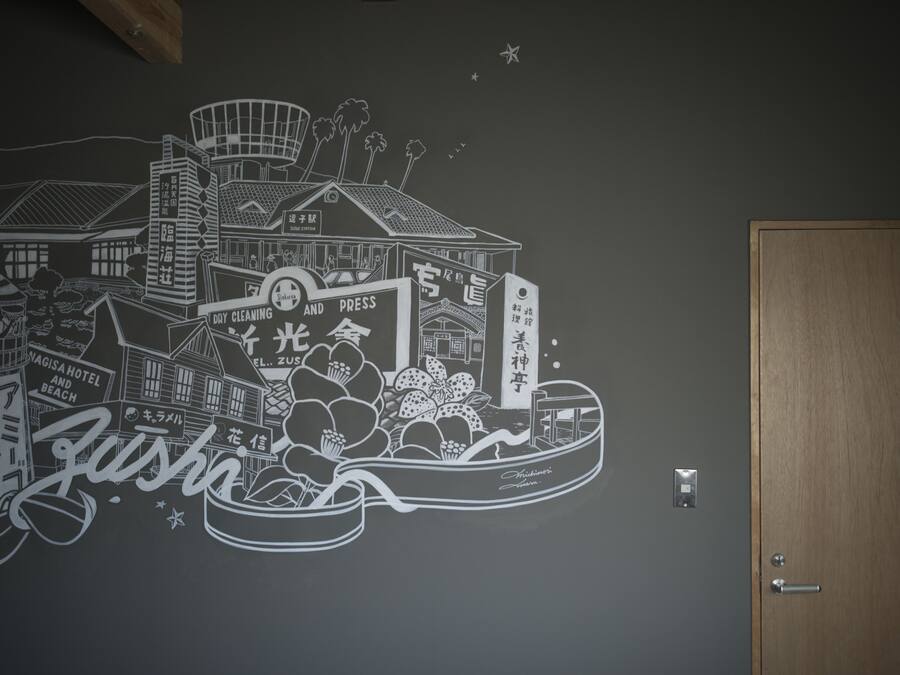 A wall mural depicting a cityscape with buildings, a boat, and various signs in a foreign language.